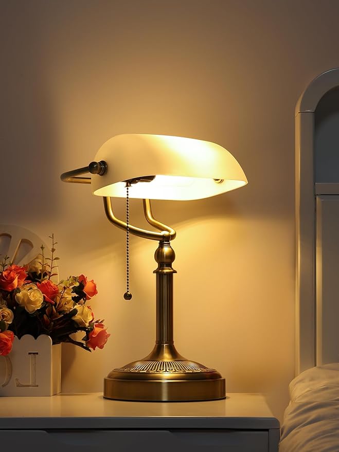 White Matted Glass Bankers Desk Lamp,Plug in | Pull Chain Switch Fixture