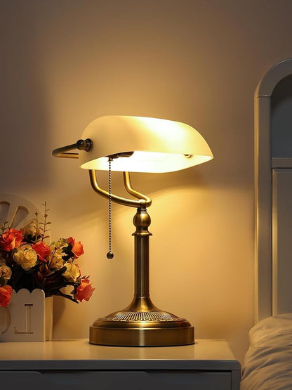White Matted Glass Bankers Desk Lamp,Plug in | Pull Chain Switch Fixture