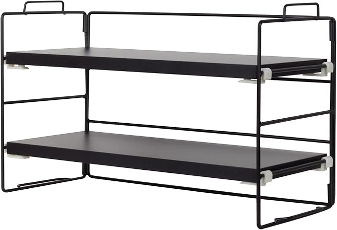 PowerKing Desk Shelf Organizer, 2-Tier Desktop Shelves with Wood Board, Adjustable Bookshelf Storage Rack for Home Office School Study Room (Black Frame + Black Wood)