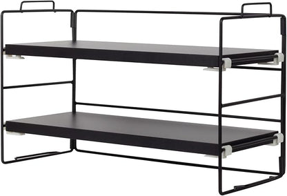 PowerKing Desk Shelf Organizer, 2-Tier Desktop Shelves with Wood Board, Adjustable Bookshelf Storage Rack for Home Office School Study Room (Black Frame + Black Wood)