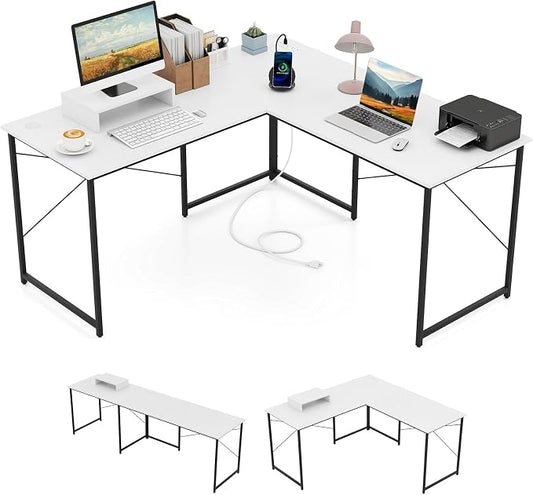 Tangkula L-Shaped Computer Desk with Power Outlets, 95” Long 2-Person Desk with Monitor Shelf, Modern Corner Desk Gaming Table with USB Ports for Home Office
