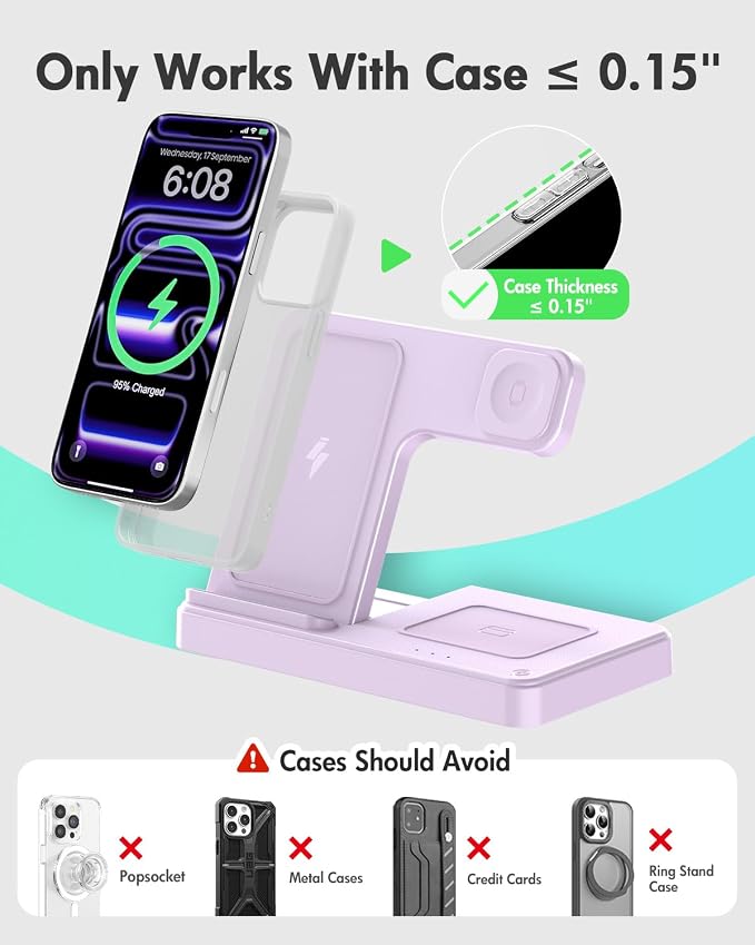 Wireless Charger Stand Charging Station: 3 in 1 Charger Multiple Devices for Apple iPhone 17 16e 16 15 14 Pro Max 13 12 11 for Watch 11 10 9 8 7 6 5 4 3 2 SE and Ultra & Airpods Series, Light Violet