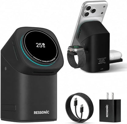 3 in 1 Wireless Charging Station for Apple & Samsung, 25W Fast Magnetic Wireless Charger Stand for Magsafe iPhone 17/16/15/14/13/12 Pro Max, Galaxy S25/24/23/22, AirPods, iWatch (with 45W Adapter)