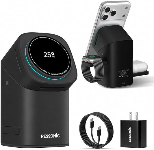 3 in 1 Wireless Charging Station for Apple & Samsung, 25W Fast Magnetic Wireless Charger Stand for Magsafe iPhone 17/16/15/14/13/12 Pro Max, Galaxy S25/24/23/22, AirPods, iWatch (with 45W Adapter)