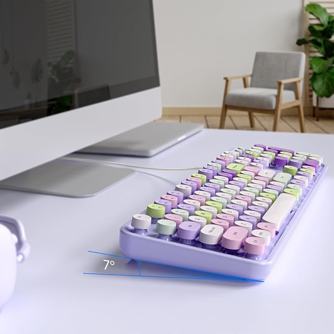 MOWUX Computer Keyboard Wired, Plug and Play USB Retro Round Typewriter Keyboard, Full Size Wired Keyboard with Foldable Stands for Laptop and Office PC- Purple Colorful