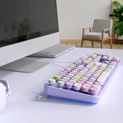 MOWUX Computer Keyboard Wired, Plug and Play USB Retro Round Typewriter Keyboard, Full Size Wired Keyboard with Foldable Stands for Laptop and Office PC- Purple Colorful