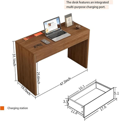 Computer Desk with Charging Station, 47 Inch Industrial Writing Desk with Outlets & Type-C/USB Ports, Home Office Desk with 2 Drawers & File Storage, Rustic Brown Study Table Executive Workstation