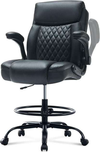 Drafting Chair Tall Office Chair for Standing Desk, Ergonomic Tall Desk Chair with Adjustable Foot Ring, Flip-Up Armrests, Lumbar Support, Comfortable Leather Seat – Ideal for Home and Office Use