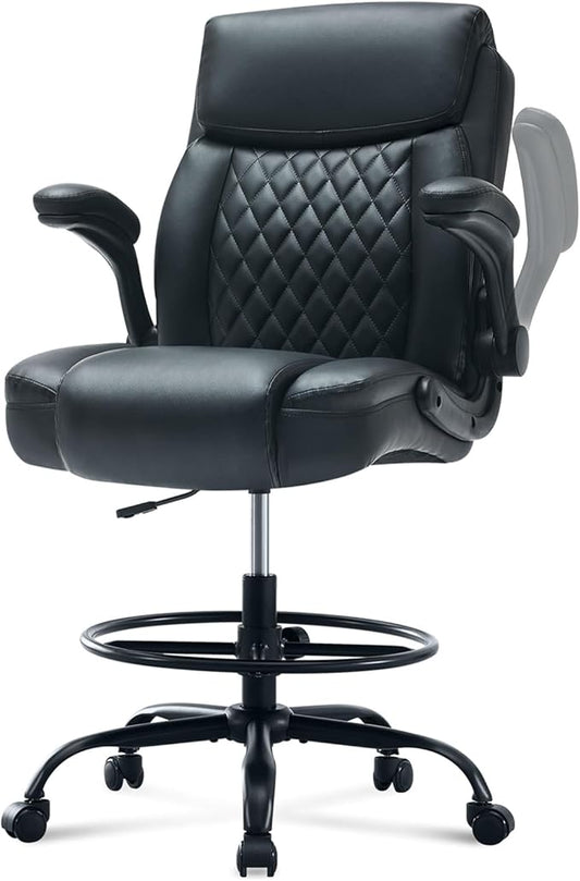 Drafting Chair Tall Office Chair for Standing Desk, Ergonomic Tall Desk Chair with Adjustable Foot Ring, Flip-Up Armrests, Lumbar Support, Comfortable Leather Seat – Ideal for Home and Office Use