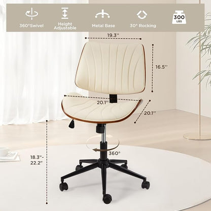 EROMMY Armless Office Desk Chair,Wooden Back Small Office Desk Chair No Arms Adjustable Height Modern Armless Chairs with Swivel Wheels for Small Spaces, Beige