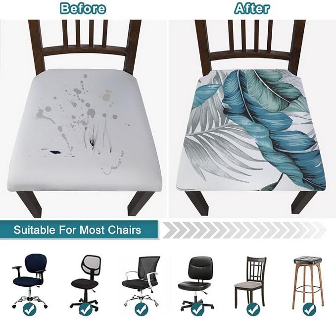 SearchI Water Repellent Seat Covers for Dining Chairs, 6 Pack Jacquard Stretch Dining Room Chair Seat Covers, Kitchen Chair Seat Covers Protectors(Blue Foliage)