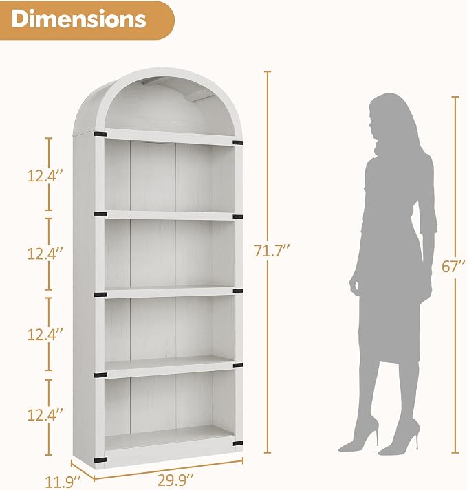 GarveeHome Bookcase 5 Shelf Arched Bookshelf 71.65 in Tall Bookcase Farmhouse Display Storage Rack Wooden Bookshelves for Home Office, Living Room (White)