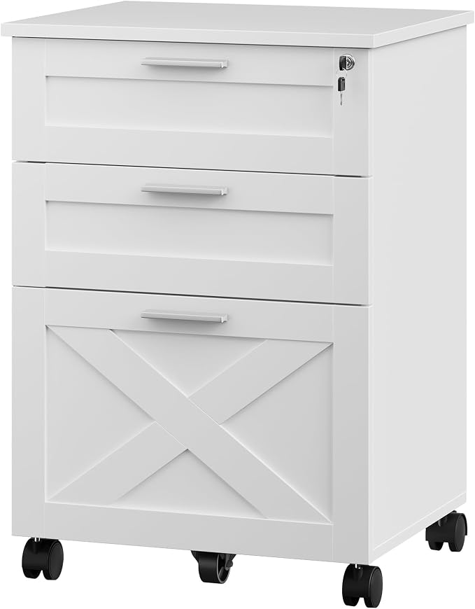 GAOMON 3 Drawer Mobile File Cabinet with Lock, Under Desk Wooden Filing Cabinets for Home Office Organizer Letters/Legal/A4, White