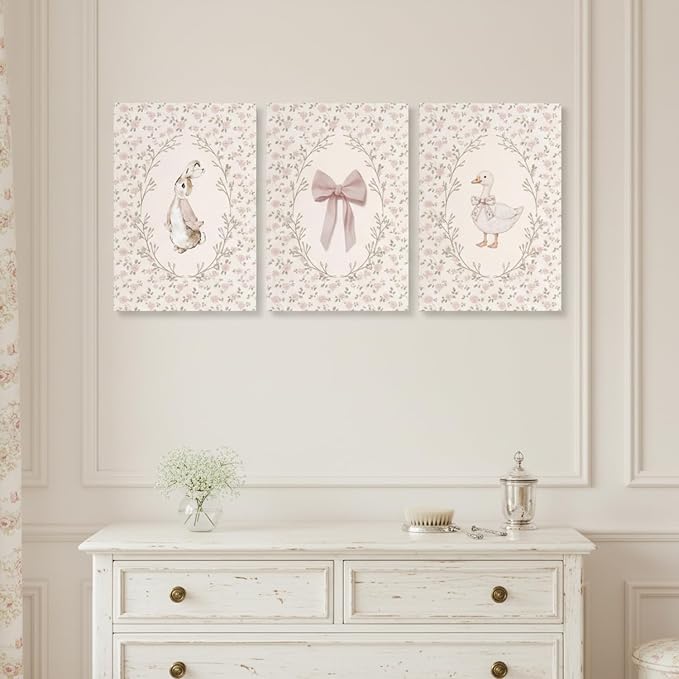 Baby Girl Nursery Wall Art Set of 3, Vintage Cottage Core Nursery Decor, Pink Bow Rabbit Goose Poster Print, Cute Floral Animal Canvas Pictures for Girls Room Kids Bedroom Framed 12x16 Inch