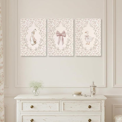 Baby Girl Nursery Wall Art Set of 3, Vintage Cottage Core Nursery Decor, Pink Bow Rabbit Goose Poster Print, Cute Floral Animal Canvas Pictures for Girls Room Kids Bedroom Framed 16x24 Inch
