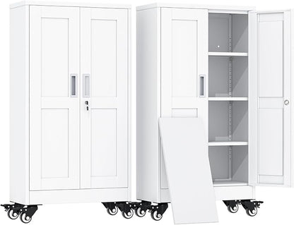erosoei 45.6"H Metal Garage Storage Cabinet, Rolling Tool Cabinet with 2 Doors and Wheels, Locker Steel Cabinet with 3 Adjustable Shelves, Organization Cabinet for Garage,Office,Home,Gym,School（White）