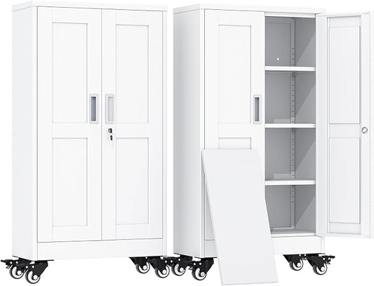 erosoei 45.6"H Metal Garage Storage Cabinet, Rolling Tool Cabinet with 2 Doors and Wheels, Locker Steel Cabinet with 3 Adjustable Shelves, Organization Cabinet for Garage,Office,Home,Gym,School（White）