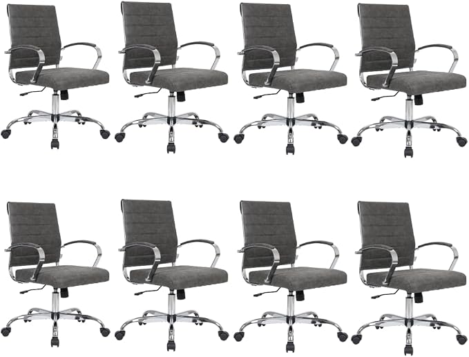 LeisureMod Benmar Leather Office Desk Chair, Mid-Back Ergonomic Swivel Chair with Lumbar Support, Adjustable Height, Tilt Lock, Cushioned Seat & Back, Home Office Task Chair (Charcoal, Set of 8)