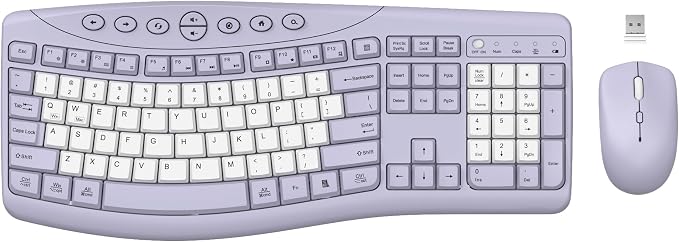 Wireless Keyboard and Mouse Combo, 2.4G Full Size Quiet Ergonomic Curved Keyboard for Natural Typing, 3-Level DPI Adjustable Silent Mouse for Windows, Mac OS, Desktop/Office and Home (Purple-B)