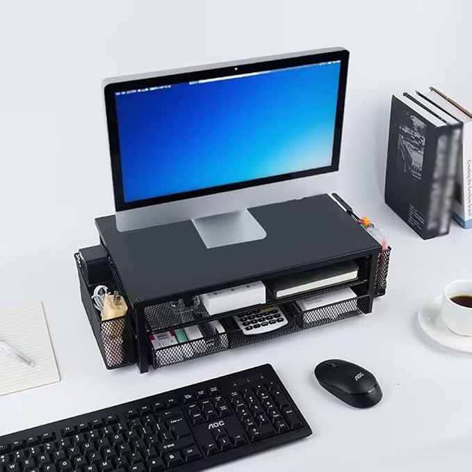 Desk Organizer and Accessories, 2-Tier Computer Monitor Stand Riser with Drawer and 2 Pen Holders, Laptop Stand, Office Desk Accessories for Office Supplies, Printer Desktop Organizer,Black
