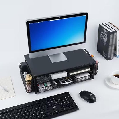 Desk Organizer and Accessories, 2-Tier Computer Monitor Stand Riser with Drawer and 2 Pen Holders, Laptop Stand, Office Desk Accessories for Office Supplies, Printer Desktop Organizer,Black