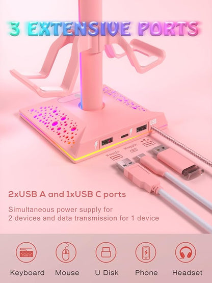 VCOM RGB Gaming Headphones Stand with 2 USB Ports, Pink Headset Stand with 10 Light Modes and Non-Slip Rubber, Suitable for PC Desk Accessories Gamers Gift(Pink)