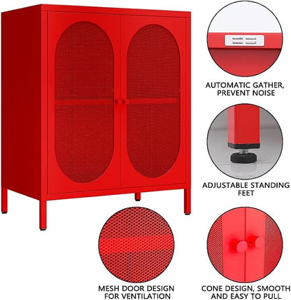 2 Mesh Door Accent Storage Cabinet for Home, Living Room, Office Room,Kitchen-Metal Locker Cabinet with 1 Adjustable Shelves-2-Tier (Small Mesh Door, red)