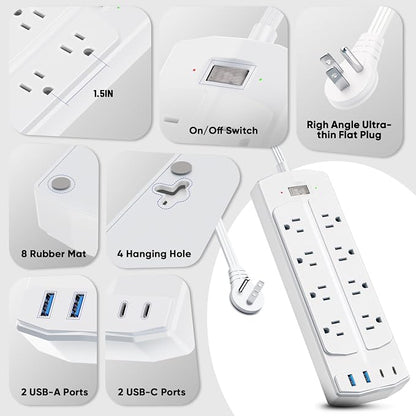 Flat Plug Power Strip, Yozisital Extension Cord with 8 AC Outlets & 4 USB Ports (2 USB-C), 5 FT Power Cord, Wall Mount, Desk Charging Station for Home Office, White