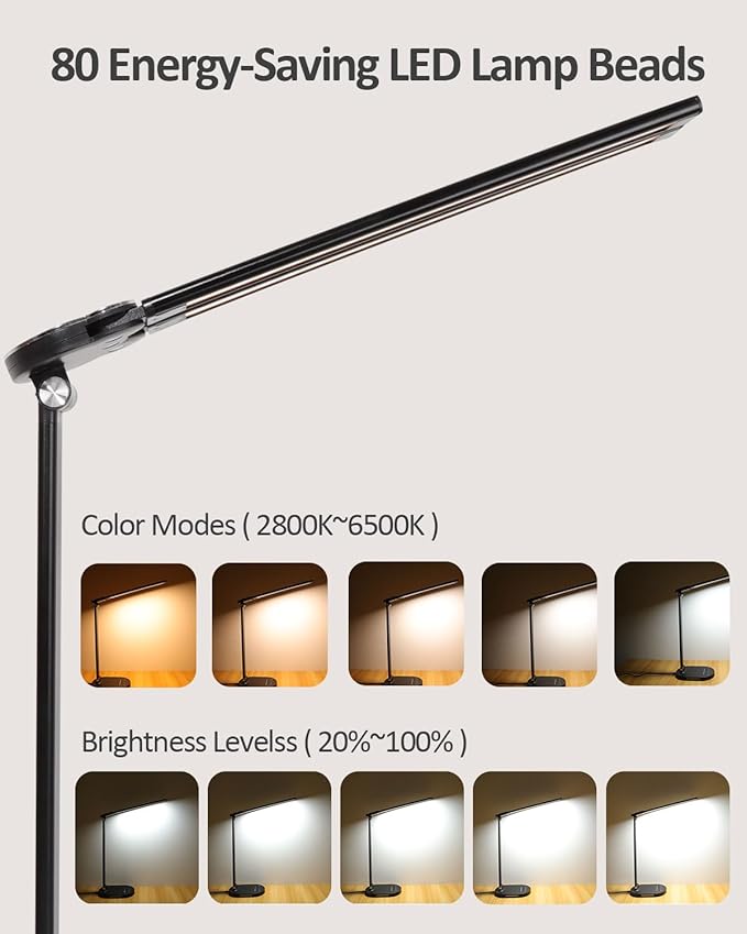 LED Desk Lamps for Home Office, 14W Bright Double Swing Arm LED Desk Lamp with USB Charging Port, Eye-Caring Task Lamp, Desktop Lamp with Night Light Table Read Light for Bedroom Work Study Craft