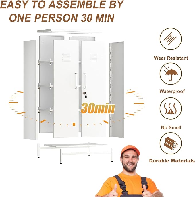 pozdeg 47.24" Metal Storage Locker with Lockable, Employees Metal Steel Locker with 2 Door ＆ 3 Adjustable Shelves, Small Locker Storage Cabinets for Home, School, Office, Gym (White)