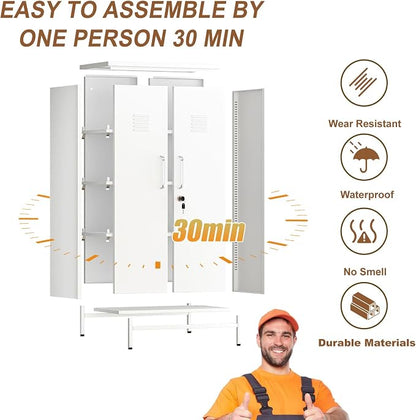 pozdeg 47.24" Metal Storage Locker with Lockable, Employees Metal Steel Locker with 2 Door ＆ 3 Adjustable Shelves, Small Locker Storage Cabinets for Home, School, Office, Gym (White)