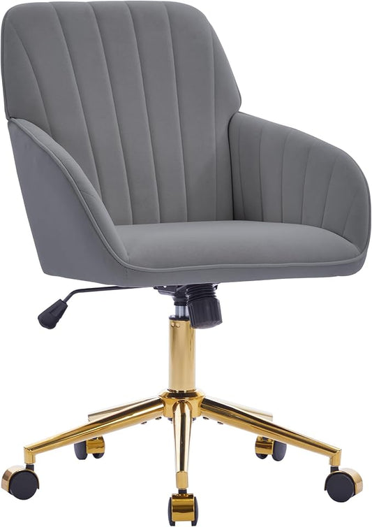 Velvet Home Office Desk Chair, Modern Cute Computer Task Chair with Back, Height Adjustable Upholstered Vanity Chair with Swivel Wheels for Women, Girls (Gold Base, Gray