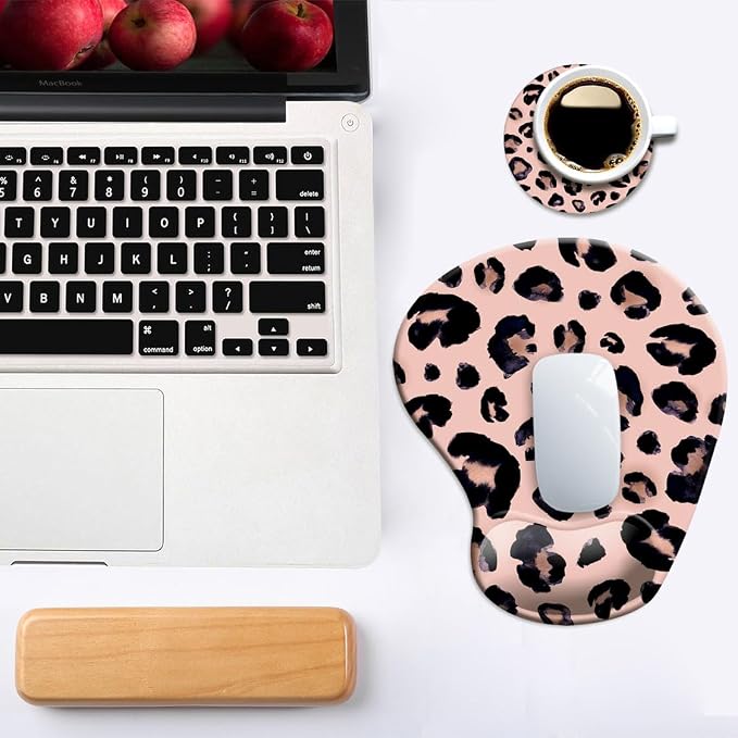 DOOKE Ergonomic Mouse Pad with Wrist Support and Coaster,Mouse Pads with Non-Slip PU Base for Home Office Working Studying Easy Typing & Pain Relief Leopard