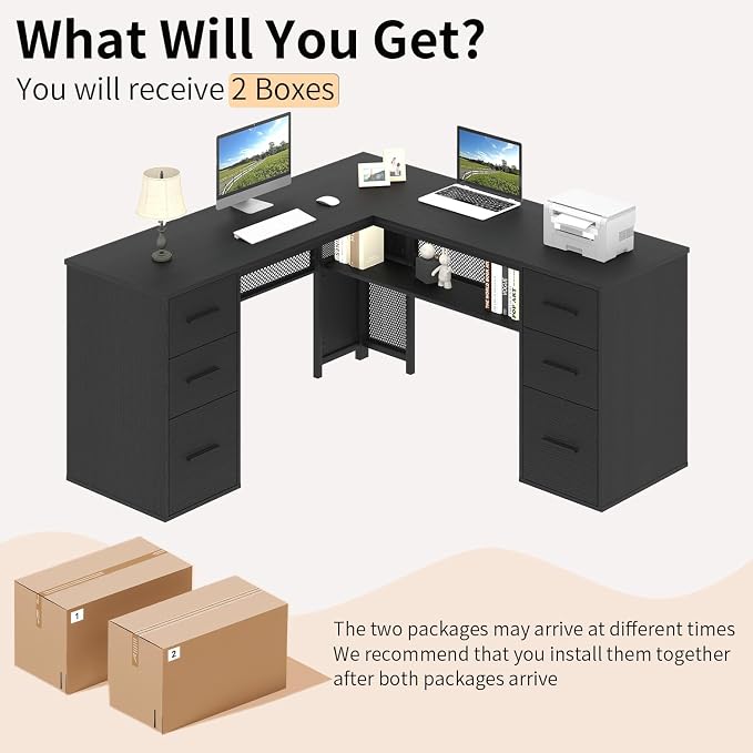 HSH Black L Shaped Desk with File Drawers Shelves, Reversible Corner Metal Wood Computer Desk with Storage Cabinet, Modern Large Executive Work Writing Study Table for Home Office Bedroom, 59 Inch