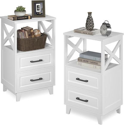 RoyalCraft 30" Tall Nightstand, Modern Painted Bedside Table with 2 Drawers and Open Shelf, Wood Side Table for Bedroom, Home Office, White-Open Shelf Above, Set of 2