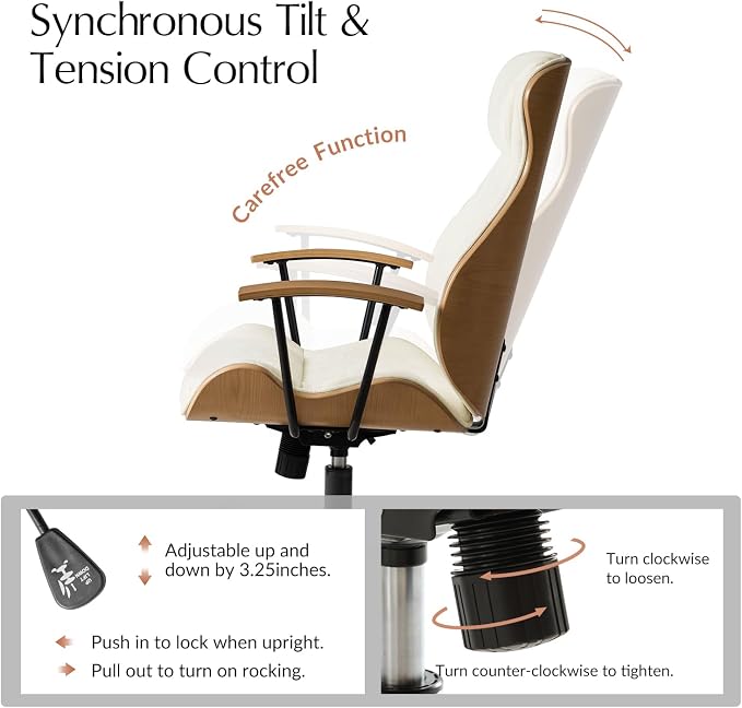 HULALA HOME Solid Wood Office Chair with Tilt Function, Mid Century Modern Bentwood Desk Chair with High Backrest, Height Adjustable Swivel Fabric Computer Task Chair, Ivory