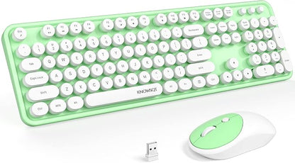 KNOWSQT Wireless Keyboard and Mouse Combo - White-Green Full-Sized 2.4 GHz 104 Keys Typewriter Keyboard, Flexible Round Keycap and Optical Mouse for Windows, Computer, PC, Laptop, Desktop, Mac
