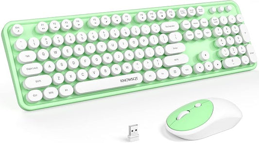 KNOWSQT Wireless Keyboard and Mouse Combo - White-Green Full-Sized 2.4 GHz 104 Keys Typewriter Keyboard, Flexible Round Keycap and Optical Mouse for Windows, Computer, PC, Laptop, Desktop, Mac