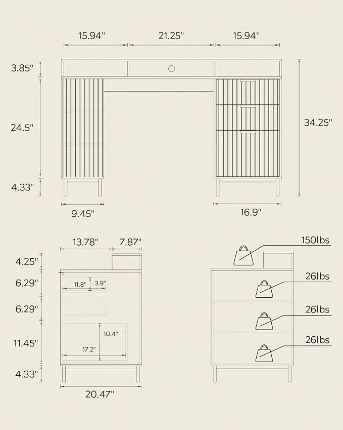 55'' Fluted Executive Desk with Drawers, Modern Home Office Computer Desk with Charging Station, File Drawer, Monitor Stand, Storage Shelf for Work Writing Study, Light Oak