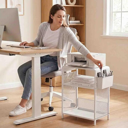 ECOLOVI 3 Tier Printer Stand for Under Desk, Height Adjustable Shelf Small Printer Table with 3 S-Hooks & Basket, Heavy Duty Industrial Storage Shelf for Home Office (White Metal)