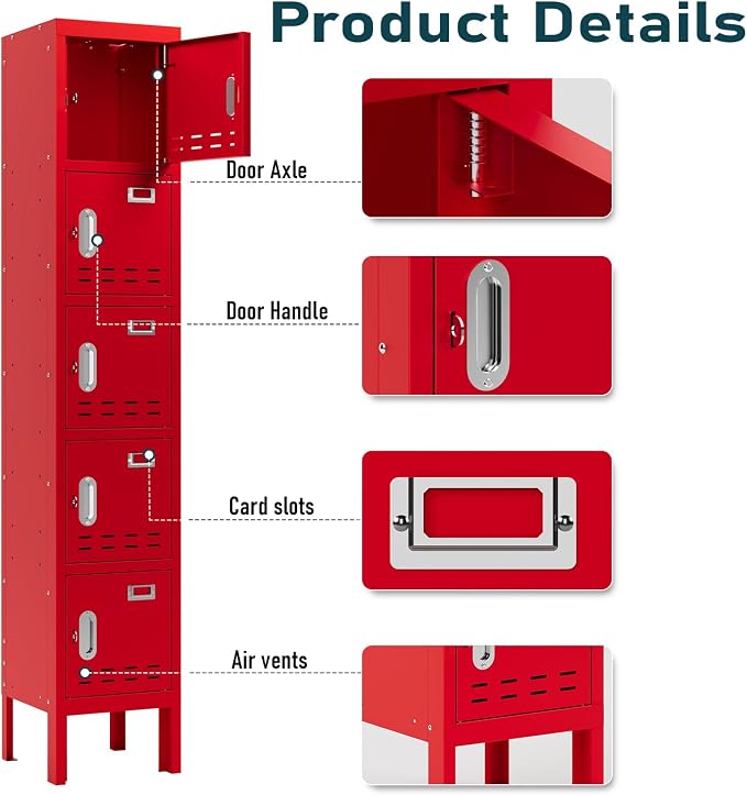 BUTISOW Metal Lockers - 66" Height Steel Lockers for Employees with 5 Door Storage Locker with Card Slot for Employees Gym School Home Office Garage - Assembly Required