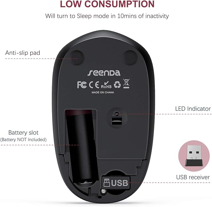 seenda Wireless Mouse for Laptop, 2.4G Noiseless Mouse with USB Receiver - Optical Tracking Portable Computer Mice for Chromebook, PC, Tablet, Windows System, 24 Months Battery Life - Red&Black