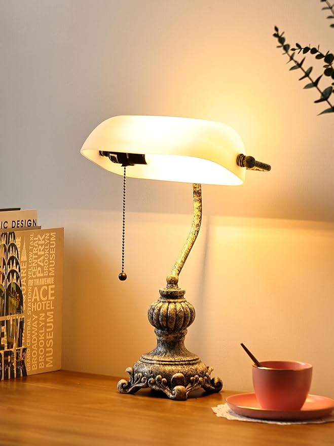Retro White Matted Glass Bankers Desk Lamp,LED Bulb Included | for Home Office,Library with Pull Chain Switch Plug in Fixture