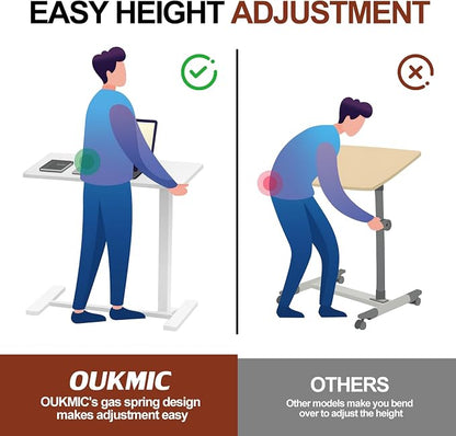 Mobile Standing Desk Portable Pneumatic Laptop Rolling Cart Adjustable Height, 26"-37" Tiltable Overbed Table Sit Stand Computer Workstations for Home Office w/Wheels Flat Desk 32", White