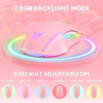 RGB Gaming Mouse Wired, USB Optical Computer Mice with RGB Backlit, 6 Adjustable DPI Up to 6400, Ergonomic Gamer Laptop PC Mouse with 7 Programmable Buttons for Windows Vista Linux (Pink)