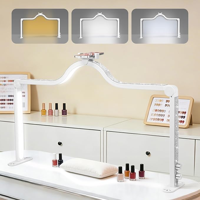 Arch Half Moon Light: Professional 34 inch 420 LED Beads - Nail Lamp for Desk Adjustable Brightness 3 Color Temperature - Foldable Nail Tech Light for Manicure Crafting
