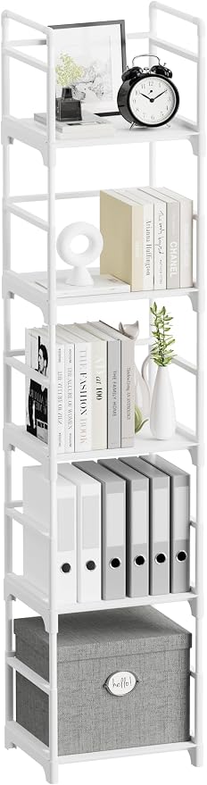 FIDUCIAL HOME 5 Tiers Narrow Bookshelf White Skinny Open Book Shelf | Slim Thin Small Spaces for Space Saving, Easy to Assemble, 12"L x 10"W x 57.2"H