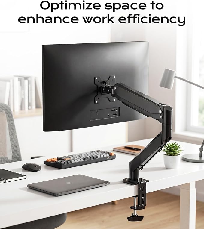 Pholiten Single Monitor Mount, Fully Adjustable Gas Spring Single Monitor Arm for up to 35 inch Screens, Computer Monitor Stand for Desk Holds up to 24lb, VESA 75/100mm, Black