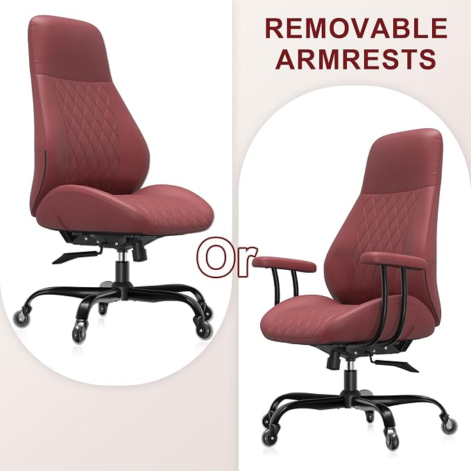 E-Ser Leather Desk Chair, Mid Century Modern Office Chair, Red | Lumbar Support, Ergonomic, 360° Swivel, Rubber Rolling Wheels, Adjustable Height, for Adults