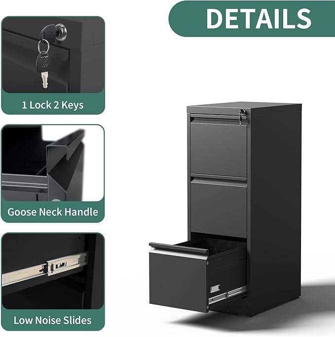 3 Drawer File Cabinet with Lock,Metal Vertical Filing Cabinets for Home Office,Heavy Duty File Storage Cabinet for Letter/Legal/A4/F4 Size File,Assembly Require (Black, Vertical 3 Drawer)
